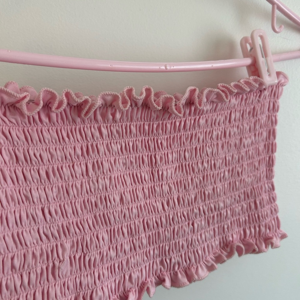 Smocked Pink Tube Top with Ruffle Trim